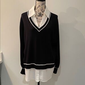 Adrianna Papell Black and White Layered V-Neck Sweater